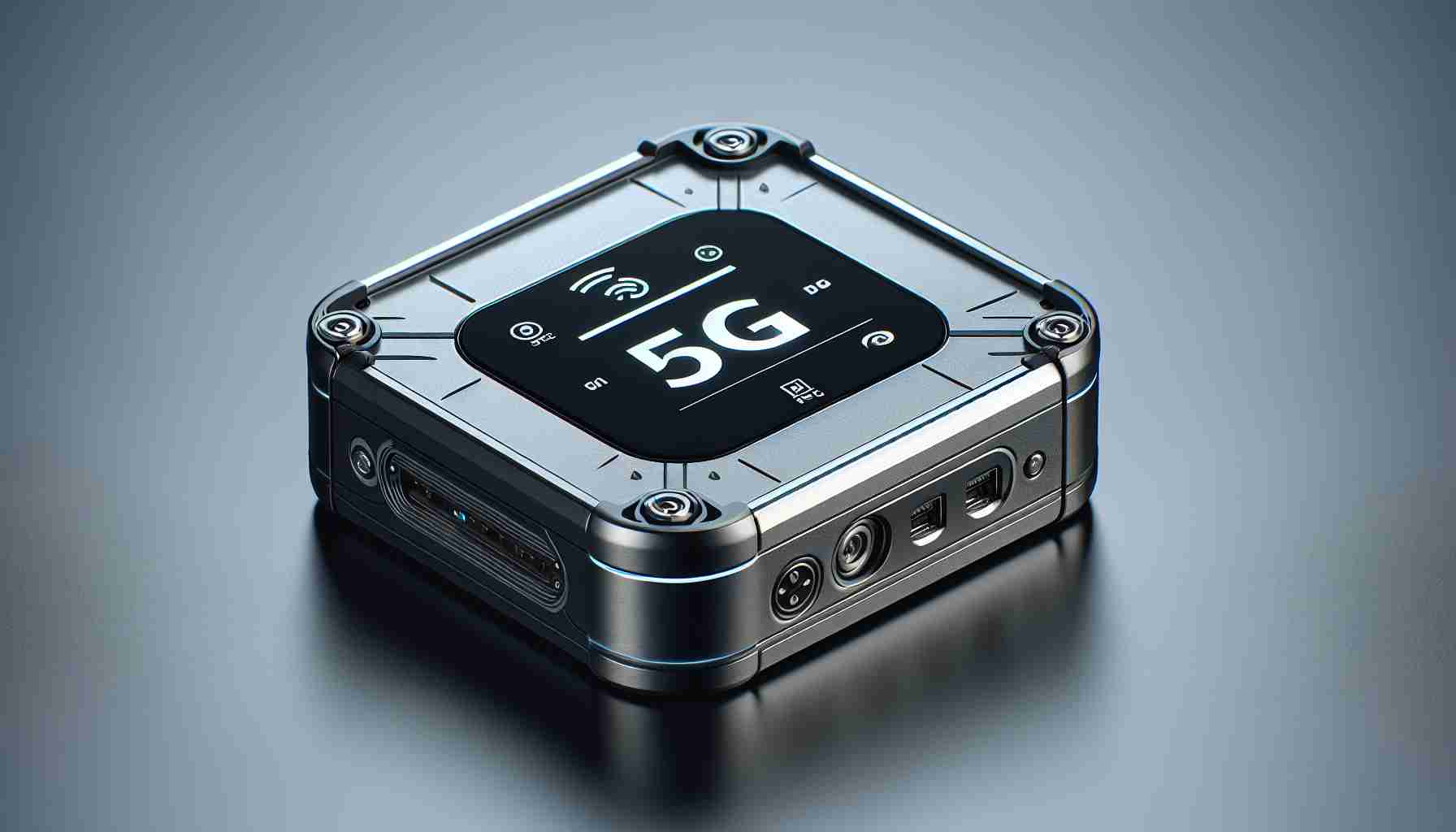 A high-definition, realistic imagery of a compact 5G hotspot device designed for enhanced connectivity. The gadget should have a sleek and modern design, indicating the advanced technology it possesses. It should hint at the 5G capabilities through visual cues such as the logo or markings. Please include visible ports or slots for connections and a variety of buttons or touch sensors for user interface. Remember to keep the size of the device realistically compact.