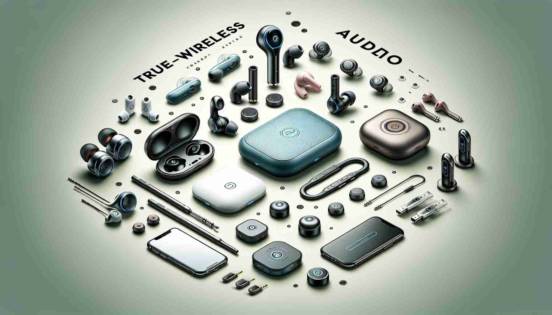 An HD illustration of a modern concept for true-wireless audio. It features a selection of unidentified brand's latest offerings, each item is sleek and compact in design, indicative of smart contemporary aesthetics. The set includes earbuds, a charging case, and various audio accessory items, each designed for ultimate performance and portability.