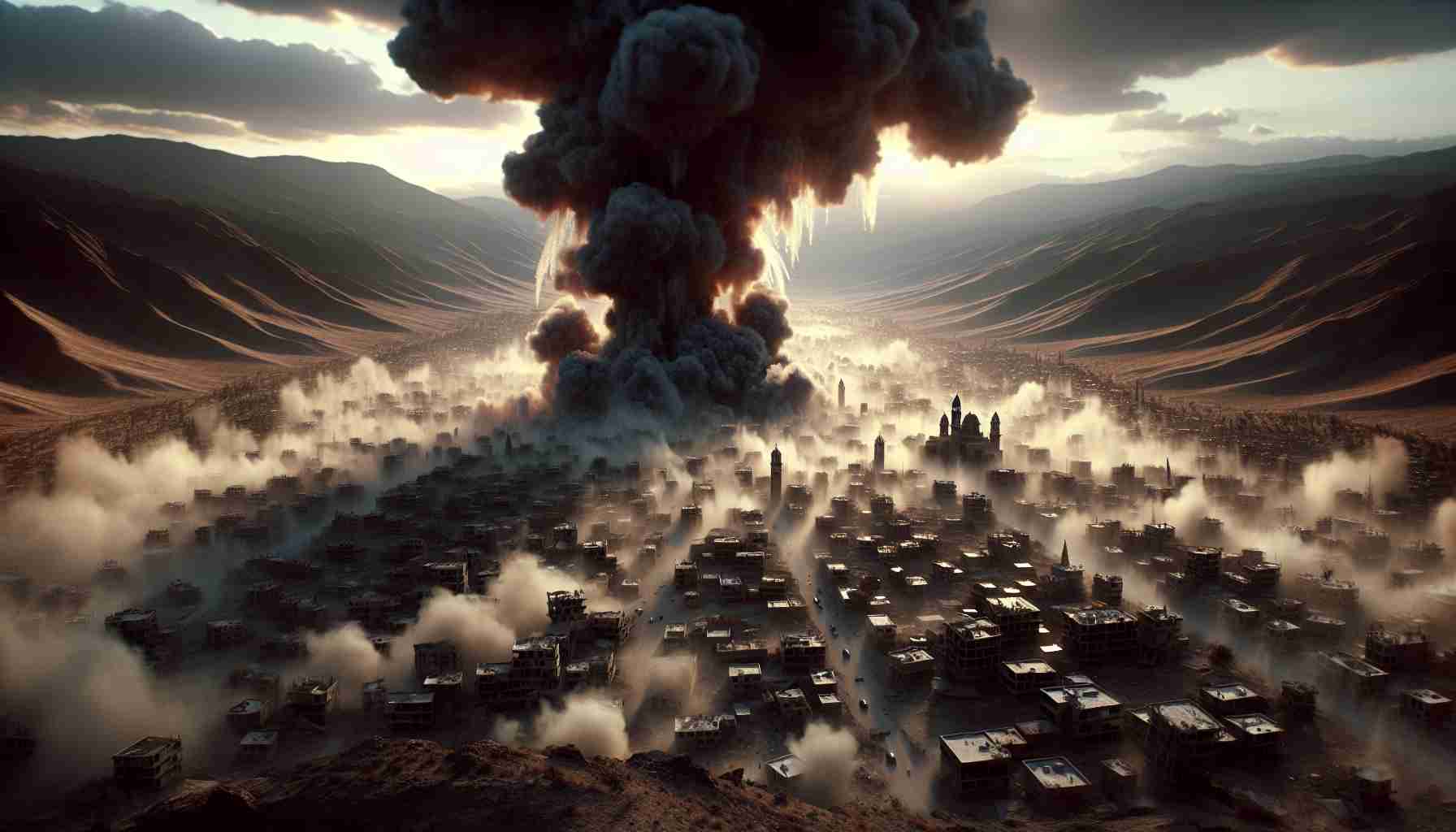 Realistic, high-definition image illustrating the escalation of a hypothetical conflict in a generic northern terrain resembling Lebanon. The scene should depict a troubling atmospheric scene filled with smoke and dust, actuated by off-screen explosions. It should not contain directly violent images or people. The scene should subtly imply the serious impact such conflicts can have on natural landscapes and city structures.