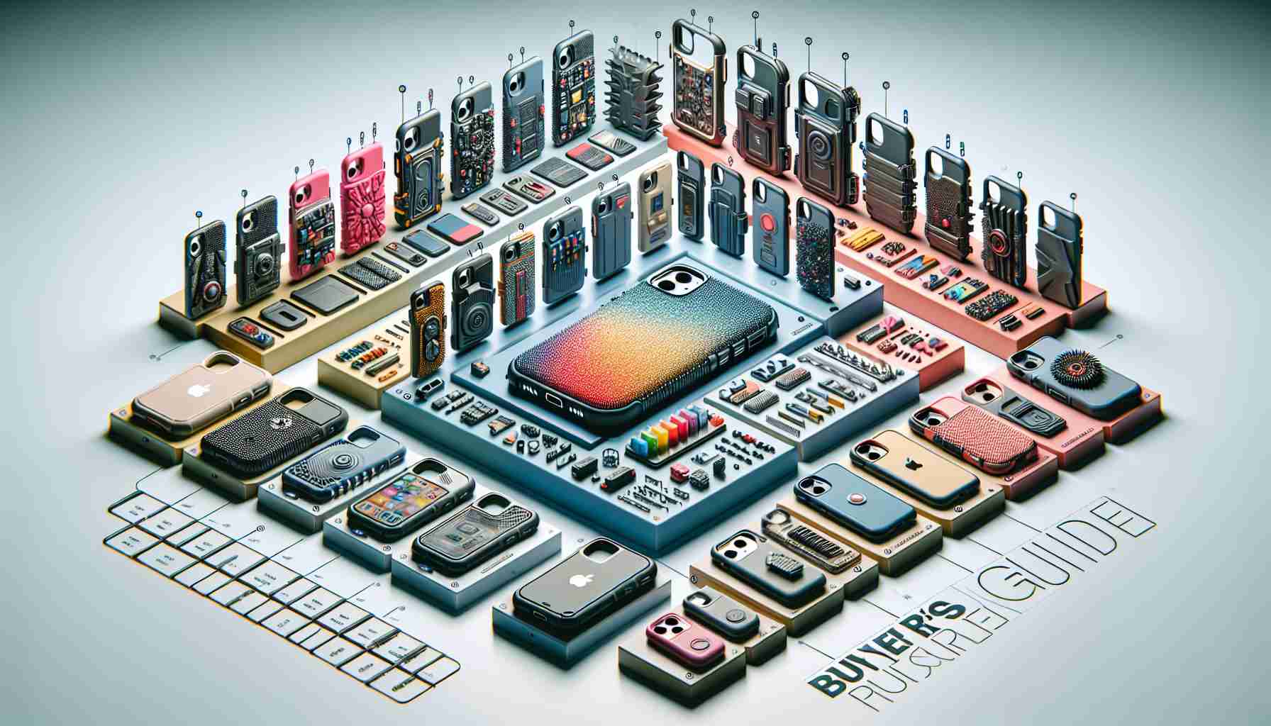 Generate a high-definition, realistic image showcasing a variety of phone case designs for a hypothetical iPhone 16 model. The scene conveys a buyer's guide concept, with each case displaying unique characteristics, vibrant colors, and qualities that make them stand out. Features to focus on could include durability, material, color options, patterns, and special functions such as being waterproof or having built-in card slots. This layout is intended to help potential buyers decide on the best case to fit their individual needs and preferences.