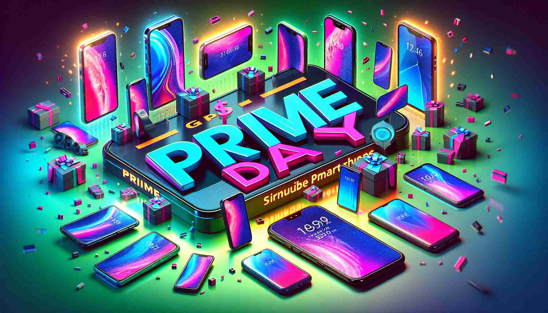 High-definition, realistic snapshot of a vibrant, digital banner displaying substantial smartphone discounts. The banner should have 'Prime Day' written in bold, eye-catching letters at the center. The background can be themed with a mixture of vibrant colors to communicate the mood of excitement and happiness. The smartphones should be of various models and brands, neatly arranged around the banner or perhaps in the hands of delighted, anonymous consumers of diverse genders and descents.