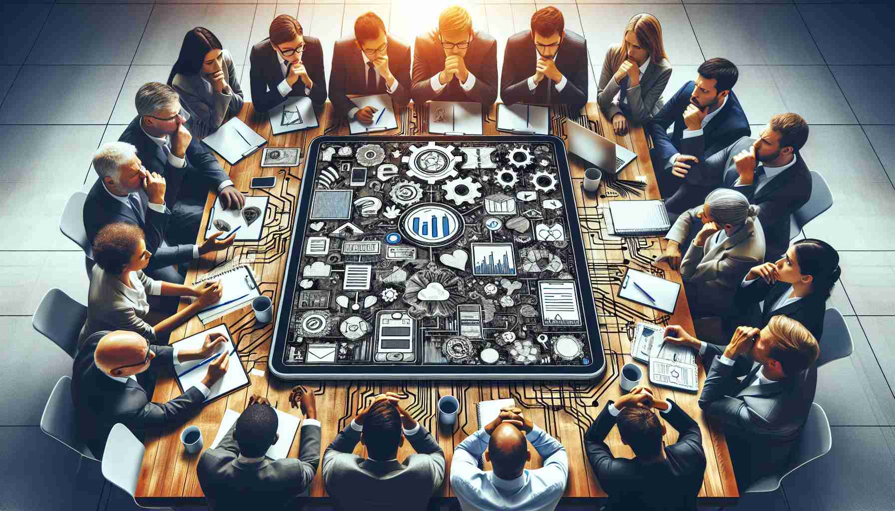 Generate a High-Definition realistic image that depicts the concern surrounding the launch of a new application for a generic tablet. The image could contain a diverse group of people around a large table with important tools for discussion, such as laptops, tablets, and notepads, amid a serious discussion. Various features of the involved application logged in on the tablet, which is in the center, are visible. The uncertainty and worry are evident from their expressions and body language.