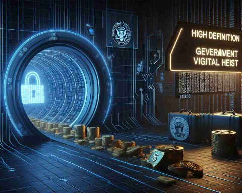 High-definition, realistic depiction of a major, suspected virtual heist involving governmental digital assets. The image shows a digital representation of assets slipping away unseen into an encrypted tunnel representing the heist. A government emblem is also shown to represent the victim of the heist.