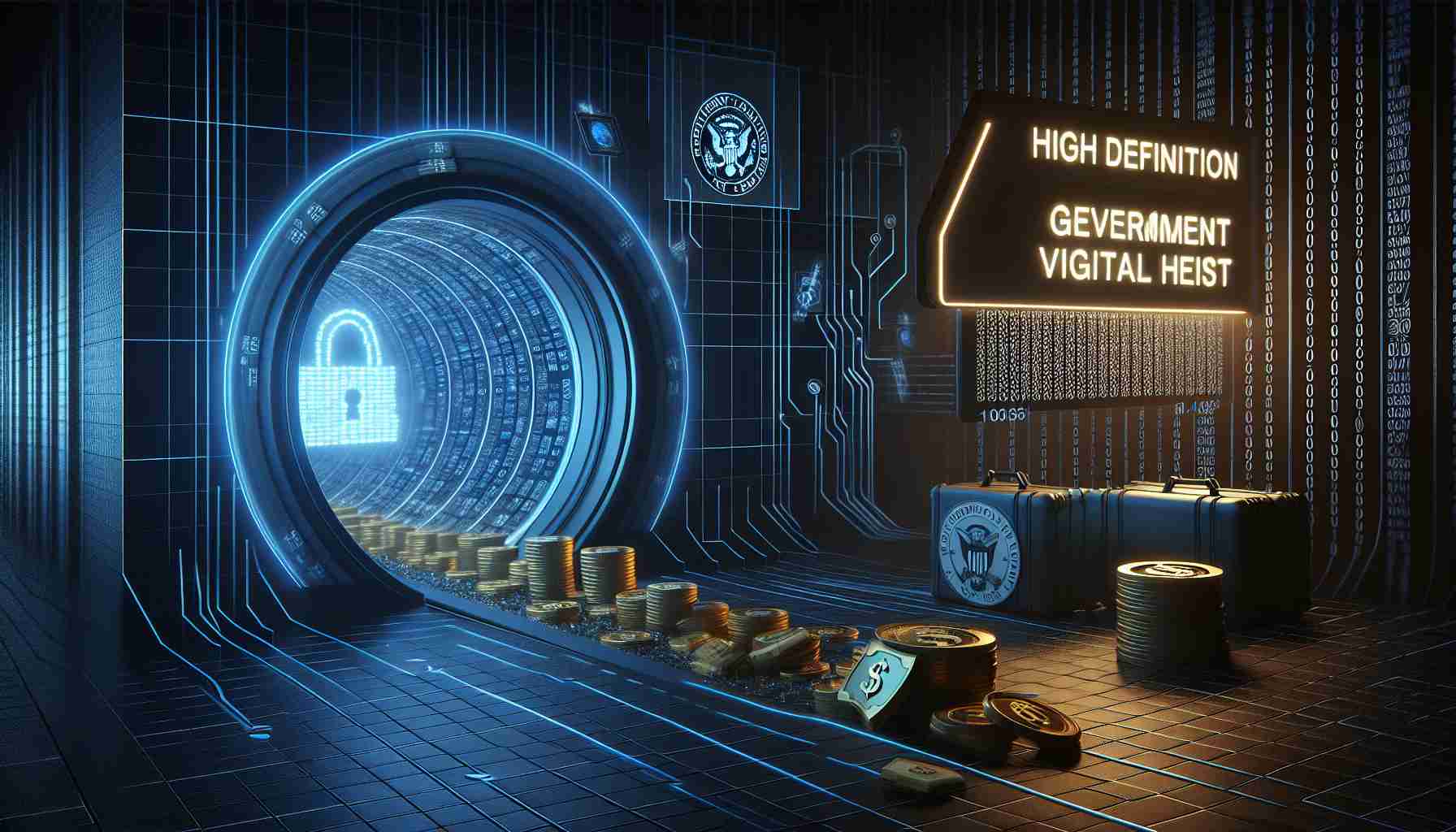 High-definition, realistic depiction of a major, suspected virtual heist involving governmental digital assets. The image shows a digital representation of assets slipping away unseen into an encrypted tunnel representing the heist. A government emblem is also shown to represent the victim of the heist.