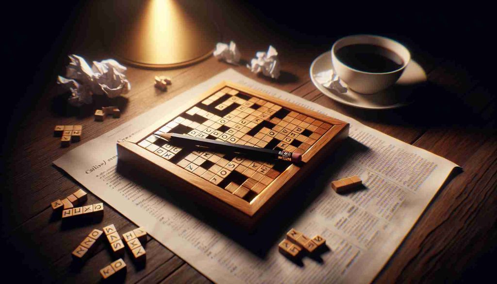 Create a high-definition, realistic image capturing the intense concentration needed for mastering the mini crossword challenge. The focal point is a small crossword puzzle engraved on a solid oak table, with a sharp pencil resting parallel to it. The ambient lighting is low, casting a warm golden glow over the puzzle, accentuating the difficulties faced while solving it. There are crumpled paper pieces scattered around, symbolic of failed attempts, and a steaming cup of black coffee sits nearby, inviting a long night of ongoing challenges.