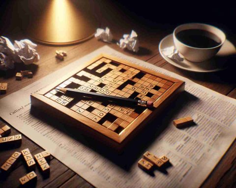 Create a high-definition, realistic image capturing the intense concentration needed for mastering the mini crossword challenge. The focal point is a small crossword puzzle engraved on a solid oak table, with a sharp pencil resting parallel to it. The ambient lighting is low, casting a warm golden glow over the puzzle, accentuating the difficulties faced while solving it. There are crumpled paper pieces scattered around, symbolic of failed attempts, and a steaming cup of black coffee sits nearby, inviting a long night of ongoing challenges.