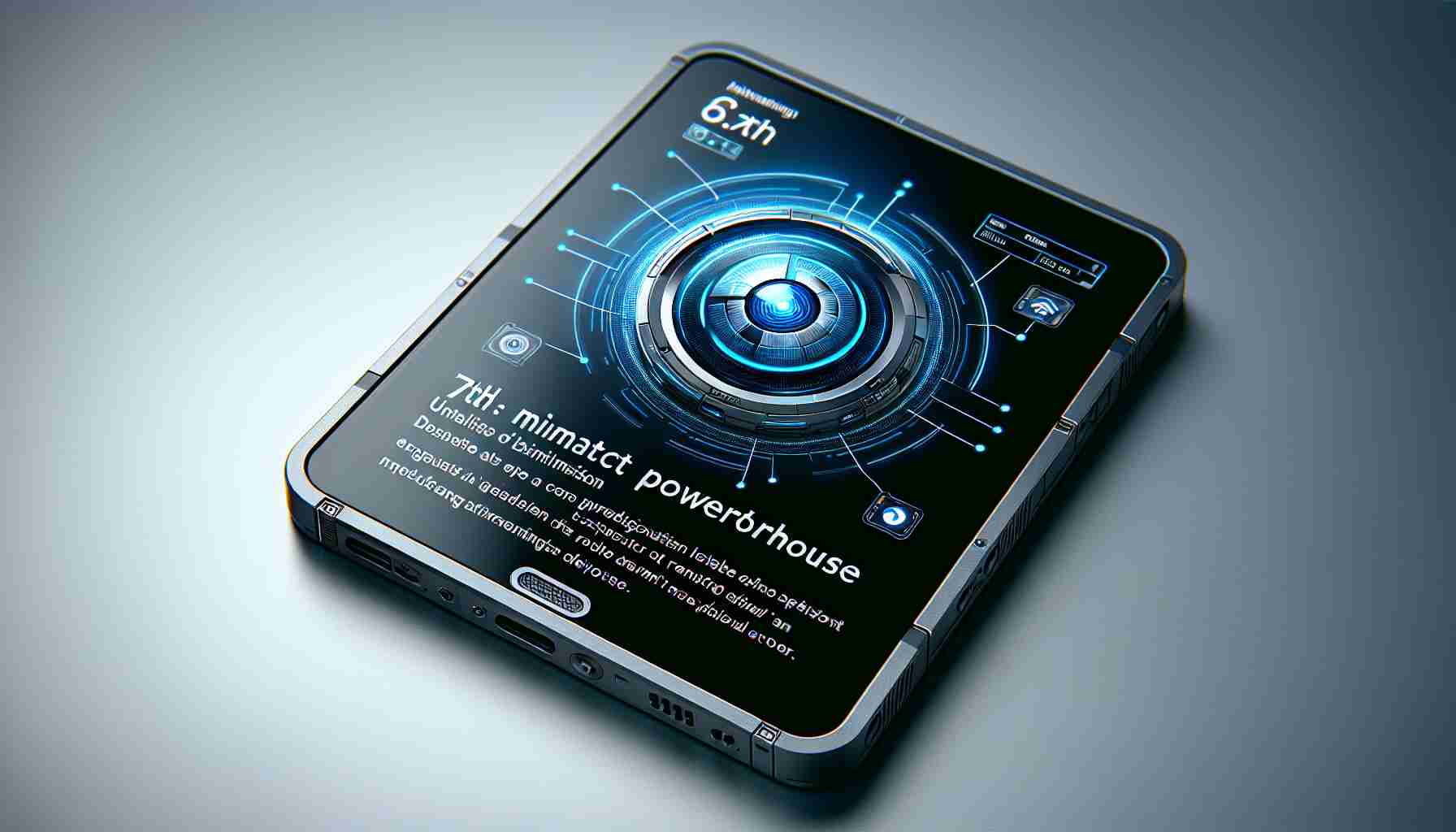 An ultra-HD illustration of a compact tablet device from an unspecified technology company, considered the seventh release of a miniature variant. It is hailed as a compact powerhouse and notably does not include facial recognition features.