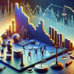 High-definition, realistic illustration of a financial chart or graph indicating a dip in a tech giant's market value due to new competitive rulings. Please include symbols of competition, like scales or sporting trophies, to visualize the concept of competitive dynamics.