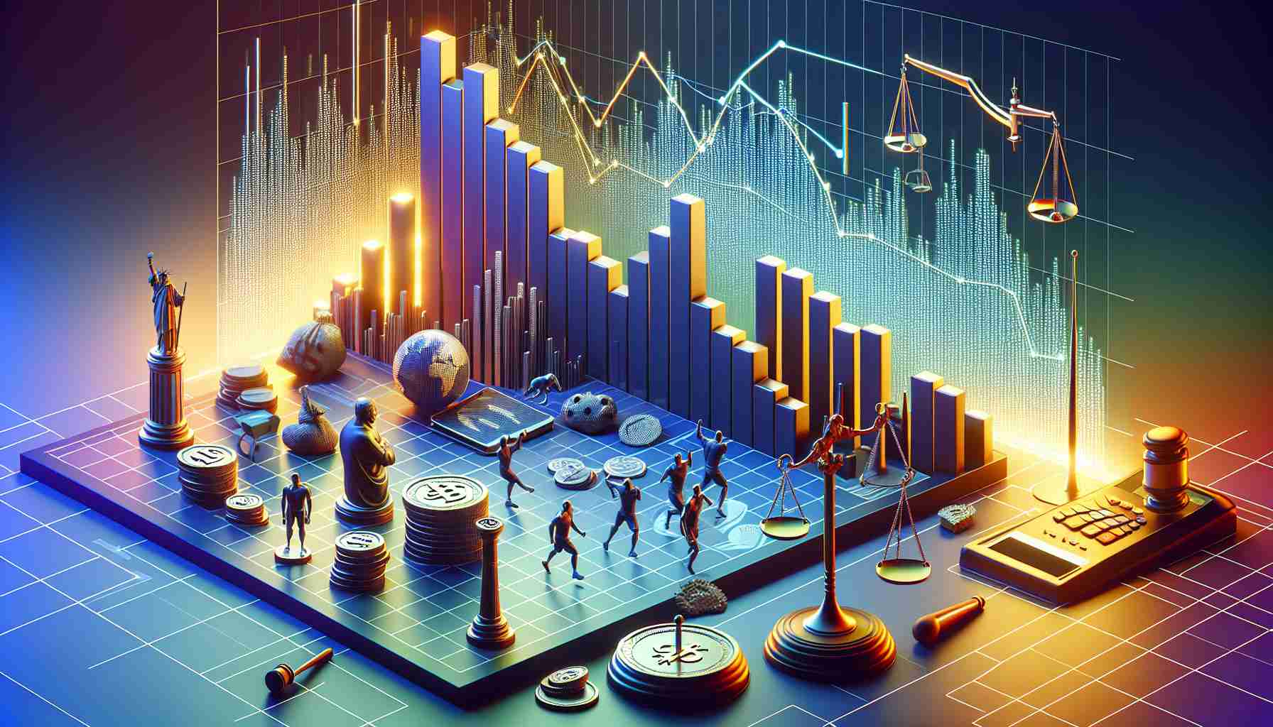 High-definition, realistic illustration of a financial chart or graph indicating a dip in a tech giant's market value due to new competitive rulings. Please include symbols of competition, like scales or sporting trophies, to visualize the concept of competitive dynamics.