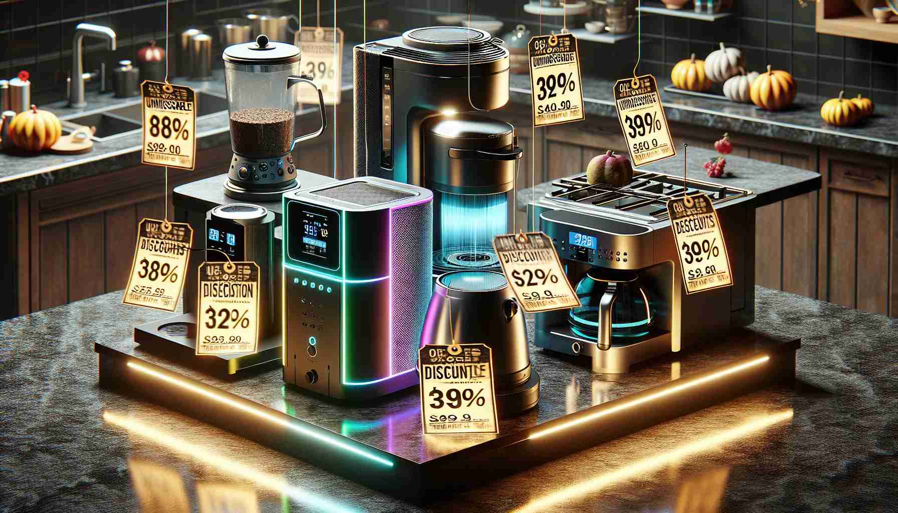 A hyper-realistic high-definition image that captures the theme of 'Unmissable Discounts: Kitchen Tech Deals for October Prime Day'. The image includes various kitchen appliances such as a modern coffee machine, a high-tech toaster, and a state-of-the-art food processor. All these appliances are displayed grandly, possibly on polished granite countertops, with bright price tags attached, showing significant price reductions. The atmosphere of the picture should signify a special event or sale taking place, heightened by celebration decorations pertinent to the month of October.