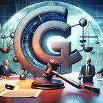 A high-definition, realistic image concept depicting the development of a hypothetical monopoly case involving a large, fictitious technology corporation, symbolized with an abstract logo, possibly resembling an oversized letter 'G'. The scene should include relevant elements such as legal documents, a gavel, and a courtroom setting. The atmosphere should suggest looming legal actions.