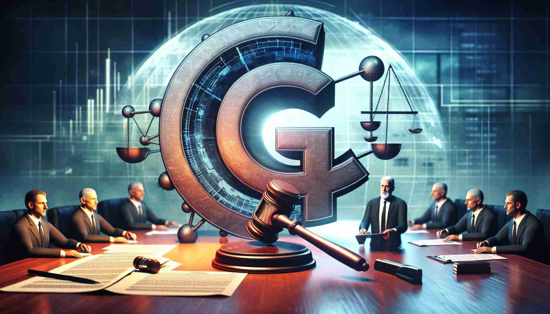 A high-definition, realistic image concept depicting the development of a hypothetical monopoly case involving a large, fictitious technology corporation, symbolized with an abstract logo, possibly resembling an oversized letter 'G'. The scene should include relevant elements such as legal documents, a gavel, and a courtroom setting. The atmosphere should suggest looming legal actions.