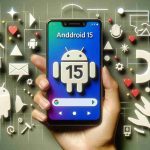 Generate a high-definition depiction of the release of Android 15 as it appears on a smartphone, specifically a Pixel phone. The scene includes a close-up view of the screen showing the new interface of Android 15. Surrounding the device are symbols and shapes related to the software, critiquing and embracing its novel features and improvements.