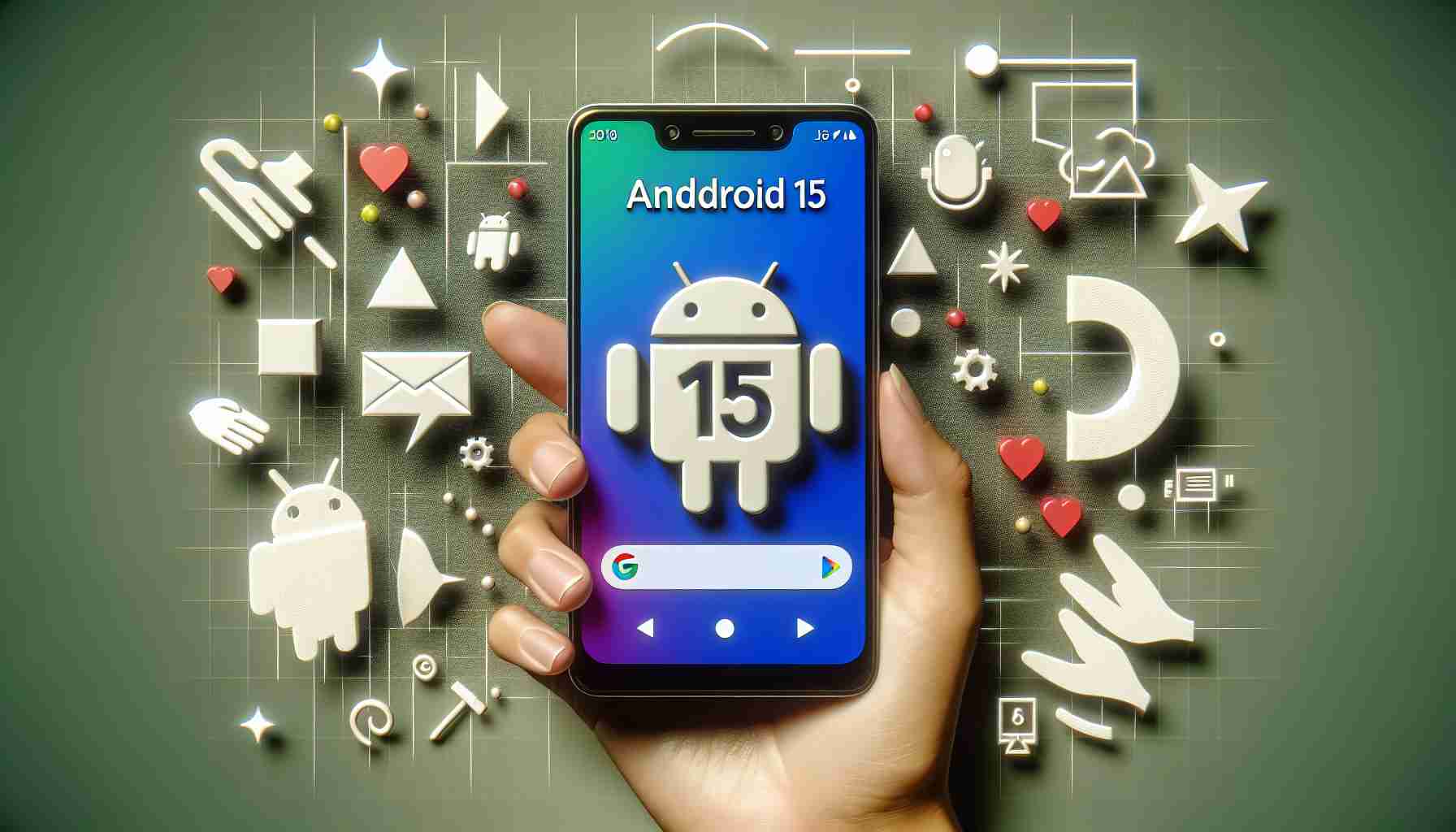 Generate a high-definition depiction of the release of Android 15 as it appears on a smartphone, specifically a Pixel phone. The scene includes a close-up view of the screen showing the new interface of Android 15. Surrounding the device are symbols and shapes related to the software, critiquing and embracing its novel features and improvements.