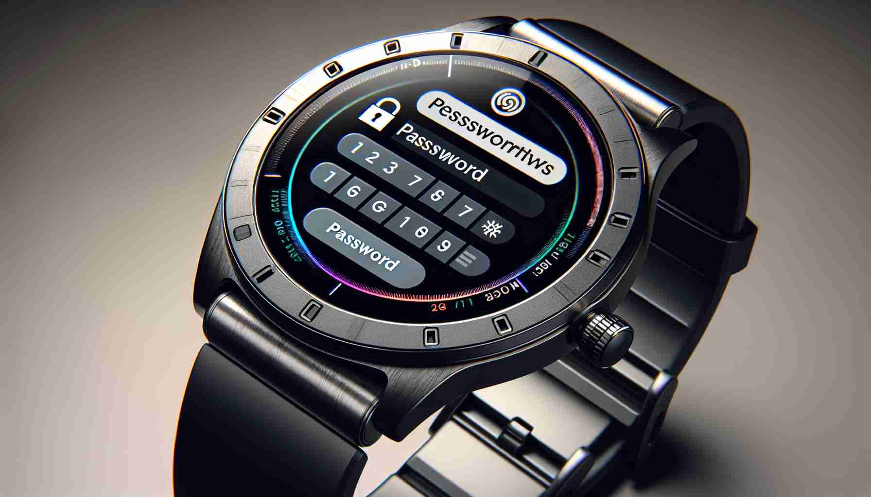 Generate a high-resolution, realistic image of a persistent password prompt appearing on the screen of a very advanced and slick smartwatch, similar to what you would expect to see in the latest models of ultra-modern wrist-worn devices. The screen should display a password field and instructions for entry, with a sleek and user-friendly interface.