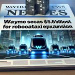 A high-definition, realistic image of a press headline news table showing the title 'Waymo Secures $5.6 Billion Boost for Robotaxi Expansion'. Below the title, display a futuristic cityscape with autonomous taxi vehicles navigating the streets, clearly marked with Waymo branding. The taxis should appear advanced and high-tech, reflecting the nature of robotic taxis. There should be a sense of excitement and anticipation, reflecting the boost in funding for expansion.