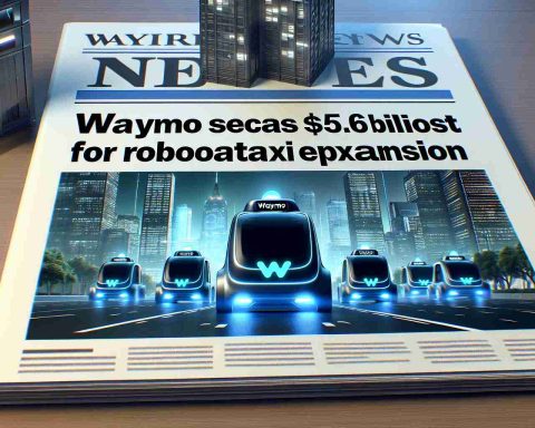 A high-definition, realistic image of a press headline news table showing the title 'Waymo Secures $5.6 Billion Boost for Robotaxi Expansion'. Below the title, display a futuristic cityscape with autonomous taxi vehicles navigating the streets, clearly marked with Waymo branding. The taxis should appear advanced and high-tech, reflecting the nature of robotic taxis. There should be a sense of excitement and anticipation, reflecting the boost in funding for expansion.