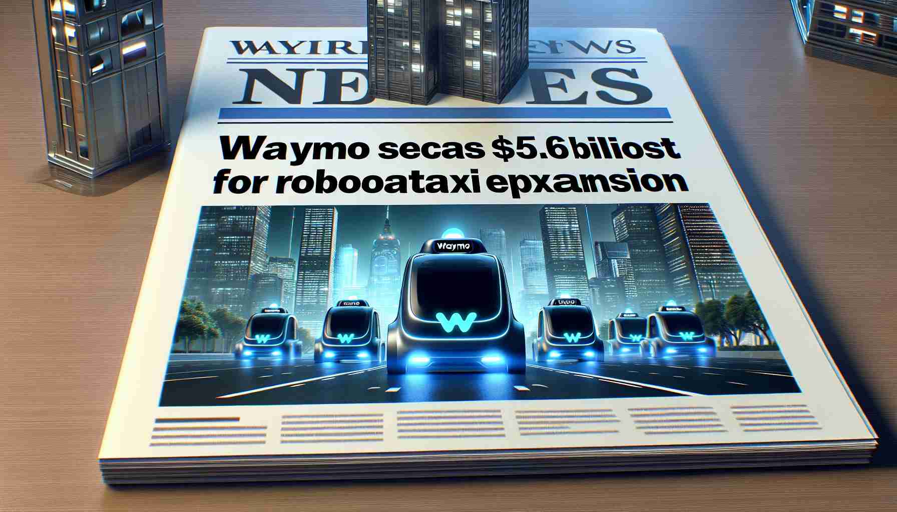 A high-definition, realistic image of a press headline news table showing the title 'Waymo Secures $5.6 Billion Boost for Robotaxi Expansion'. Below the title, display a futuristic cityscape with autonomous taxi vehicles navigating the streets, clearly marked with Waymo branding. The taxis should appear advanced and high-tech, reflecting the nature of robotic taxis. There should be a sense of excitement and anticipation, reflecting the boost in funding for expansion.