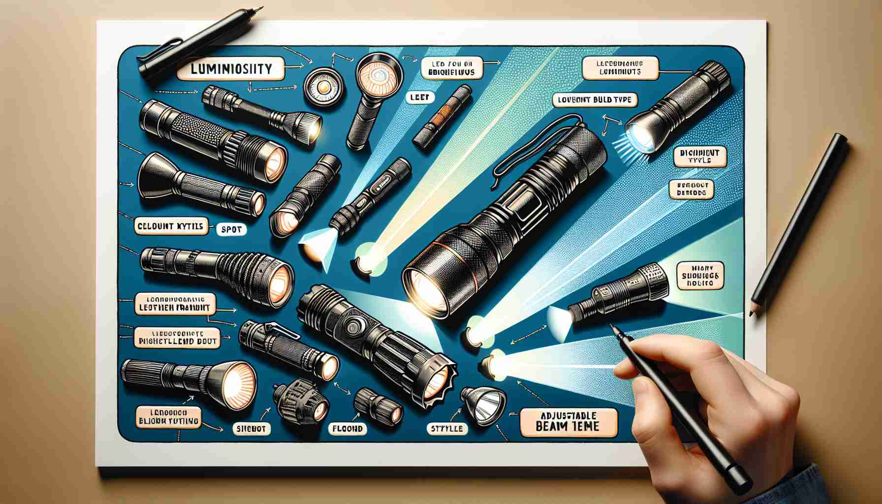 Create a highly detailed image illustration of an informative guide on how to select the perfect flashlight. The guide should clearly highlight considerations such as the luminosity for the brightness, different bulb types like LED, halogen, and incandescent, and various beam styles like spot, flood, and adjustable beam. The guide can be creatively laid out with visuals of flashlights and text to summarise the key details for each consideration.