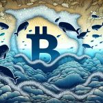 Generate a high definition image of a conceptual scene, depicting the Bitcoin symbol amid a symbolic ocean landscape. The landscape conveys the challenge Bitcoin faces in the market. There are large sea creatures, symbolizing the whales, swimming around and accumulating. The overall scene represents the dynamics of the cryptocurrency market.