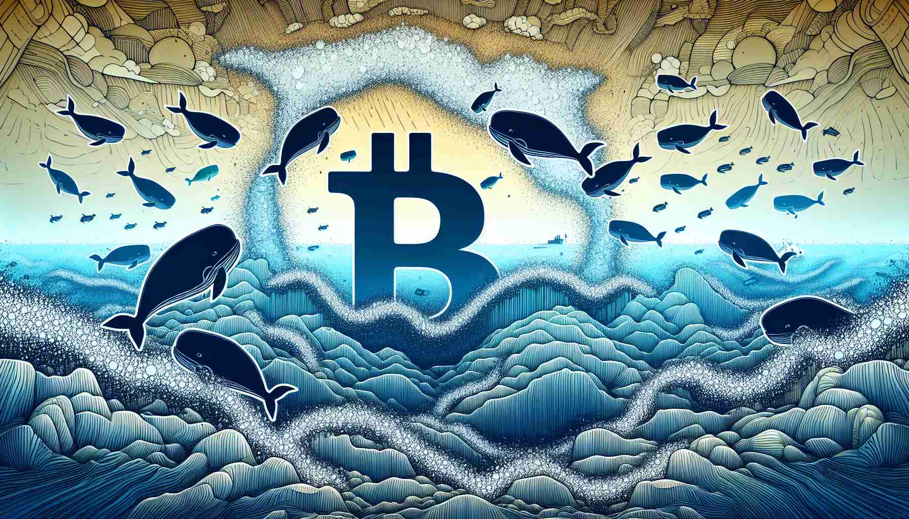 Generate a high definition image of a conceptual scene, depicting the Bitcoin symbol amid a symbolic ocean landscape. The landscape conveys the challenge Bitcoin faces in the market. There are large sea creatures, symbolizing the whales, swimming around and accumulating. The overall scene represents the dynamics of the cryptocurrency market.