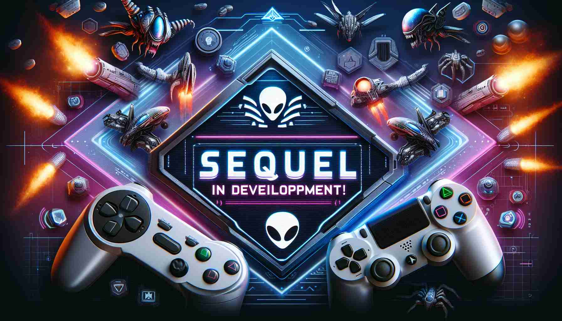 Generate a high-definition, realistic slideshow frame showing the exciting announcement: 'Sequel to a popular alien-themed video game is currently under development'. Emphasize the futuristic and alien design elements, and make sure to clearly show the text 'Sequel in Development!' Include images of controllers, gaming consoles, and stylized images reminding of outer space alien worlds.