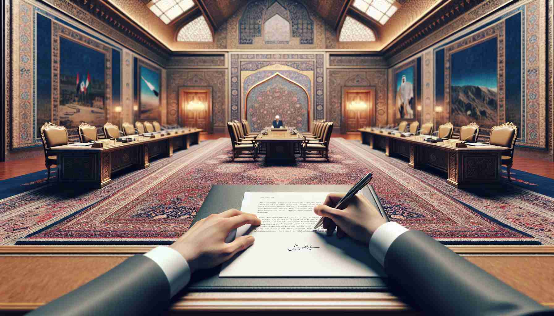 A realistic high-definition illustration of an official diplomatic office setting. A Middle Eastern diplomat, set against the backdrop of a grand meeting room with high ceilings and intricate Persian rugs, is writing a formal response to a hypothetical missile launch. The page is blank, but gives the impression it's intended to encompass a serious international matter. The overall atmosphere should represent a state of heightened attention and concern.