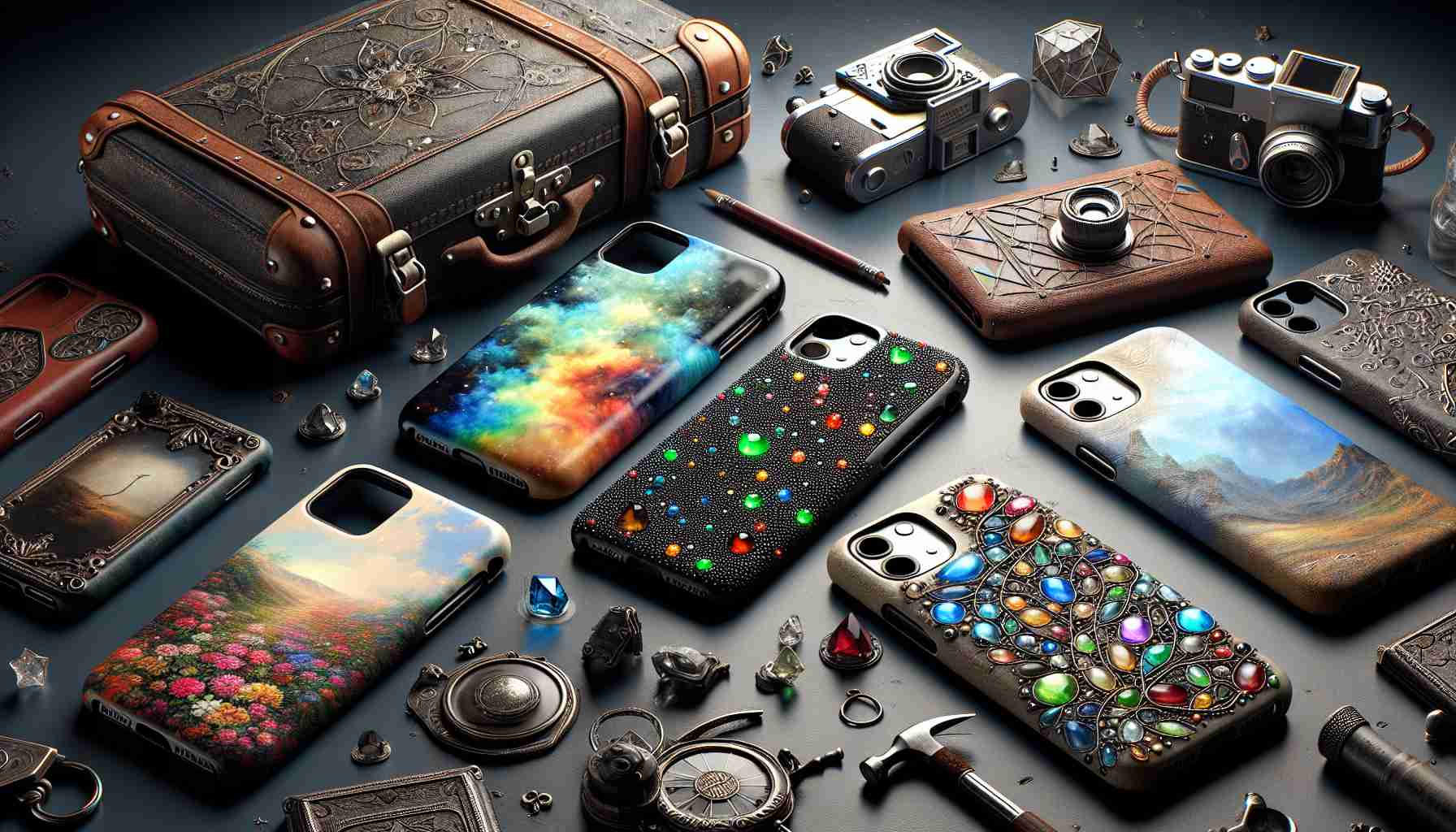 Create a high-definition, realistic image showing an assortment of unique phone case options. These should span a variety of designs, such as one embedded with faux gemstones, another one dappled with neon-colored splashes reminiscent of abstract art, and yet another depicting an intricate, metallic-silver geometric pattern. Also consider including a phone case hand-painted with a floral scene in the style of the 19th-century Impressionism art movement, and a leather phone case with a rough, vintage-inspired texture. The setting should imply an exploration or discovery theme.