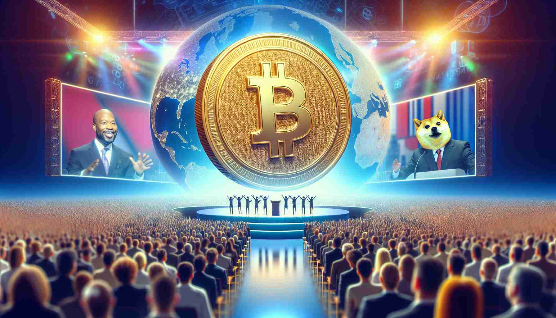 Generate a conceptual image of a crypto coin, specifically resembling Dogecoin, soaring upward to represent a rise in value. Positioned in the background is a crowd of people symbolising a mass gathering, with a stage featuring the announcement of a new initiative. Please ensure high definition and realistic texture. Note: this should not feature any specific public figures or politicians