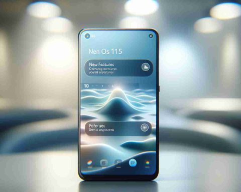 High definition, realistic image showcasing a phone screen displaying the new Oxygen OS 15 interface, with labels to highlight new features and improvements. The phone should be placed on a sleek surface under soft, neutral lighting. The surroundings should be blurred to bring the focus solely on the phone and its screen.