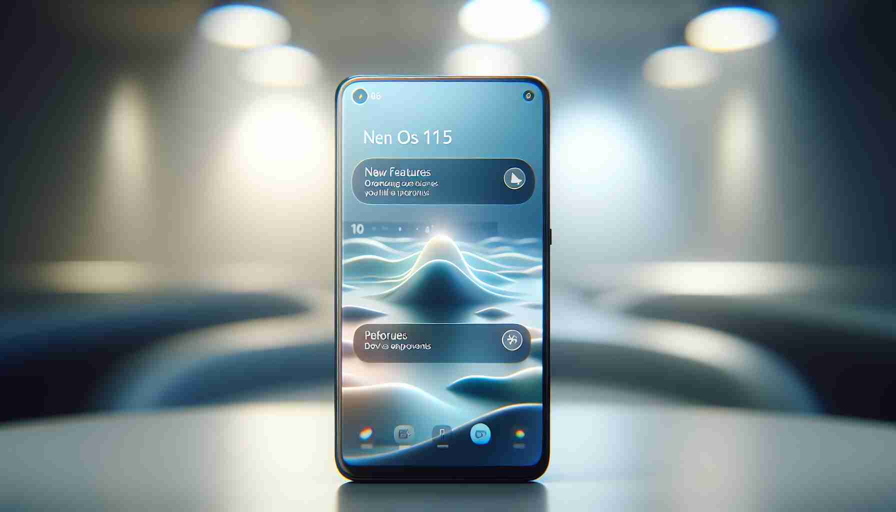 High definition, realistic image showcasing a phone screen displaying the new Oxygen OS 15 interface, with labels to highlight new features and improvements. The phone should be placed on a sleek surface under soft, neutral lighting. The surroundings should be blurred to bring the focus solely on the phone and its screen.