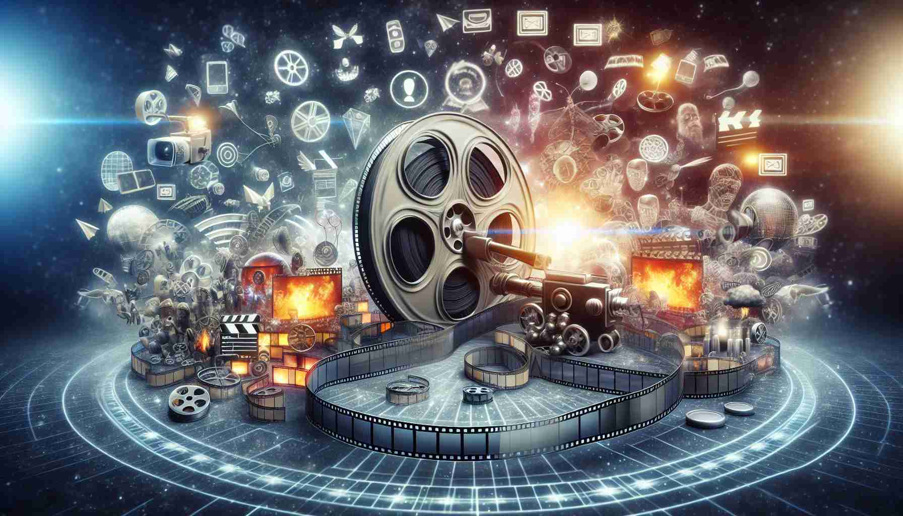 A high-definition, realistic image representing the concept of upcoming films and television series generating buzz in the entertainment world. The scene might include elements such as a reel of film unfurling, images hinting at different genres of movies and television shows, and symbolic representations of excited chatter and buzz. The background could be filled with the glow of a movie screen or a television set, adding to the sense of anticipation and excitement.