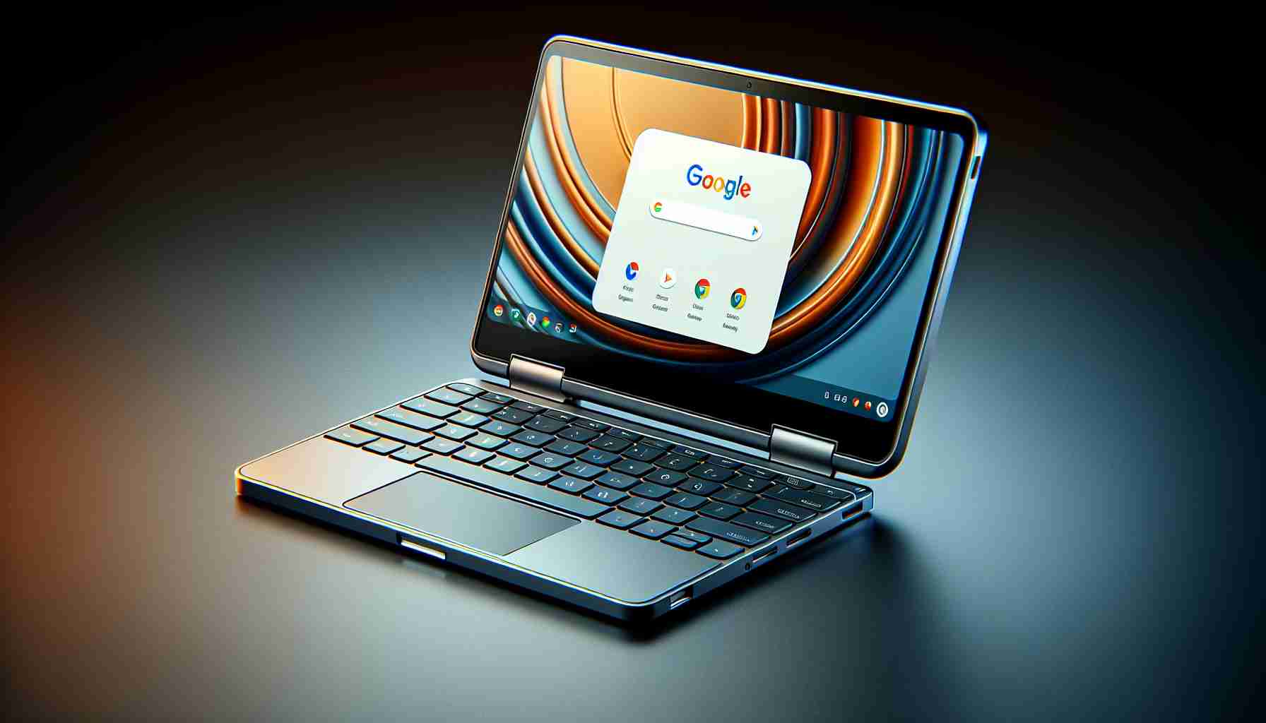 An ultra-high definition realistic image of a latest compact powerhouse Chromebook. It should have a sleek design, with a detachable keyboard and stunning display. The device is displayed half opened with the keyboard attached. It should have a smooth matte finish and a vibrant display screen showcasing the browser's homepage.