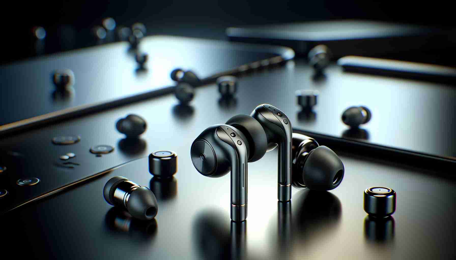 Create a detailed and high definition image demonstrating the innovative features of modern earbuds. This includes sleek wireless design, close fitting ear tips, touch sensitive controls, and cutting-edge sound-cancellation technology. In the scene, earbuds should be prominently displayed, perhaps sitting atop a glossy surface that reflects its elegant design. The background should be simple and sleek to keep the focus on the earbuds. Hints of subtle lighting could glamorize the smooth lines and curves of the earbuds.