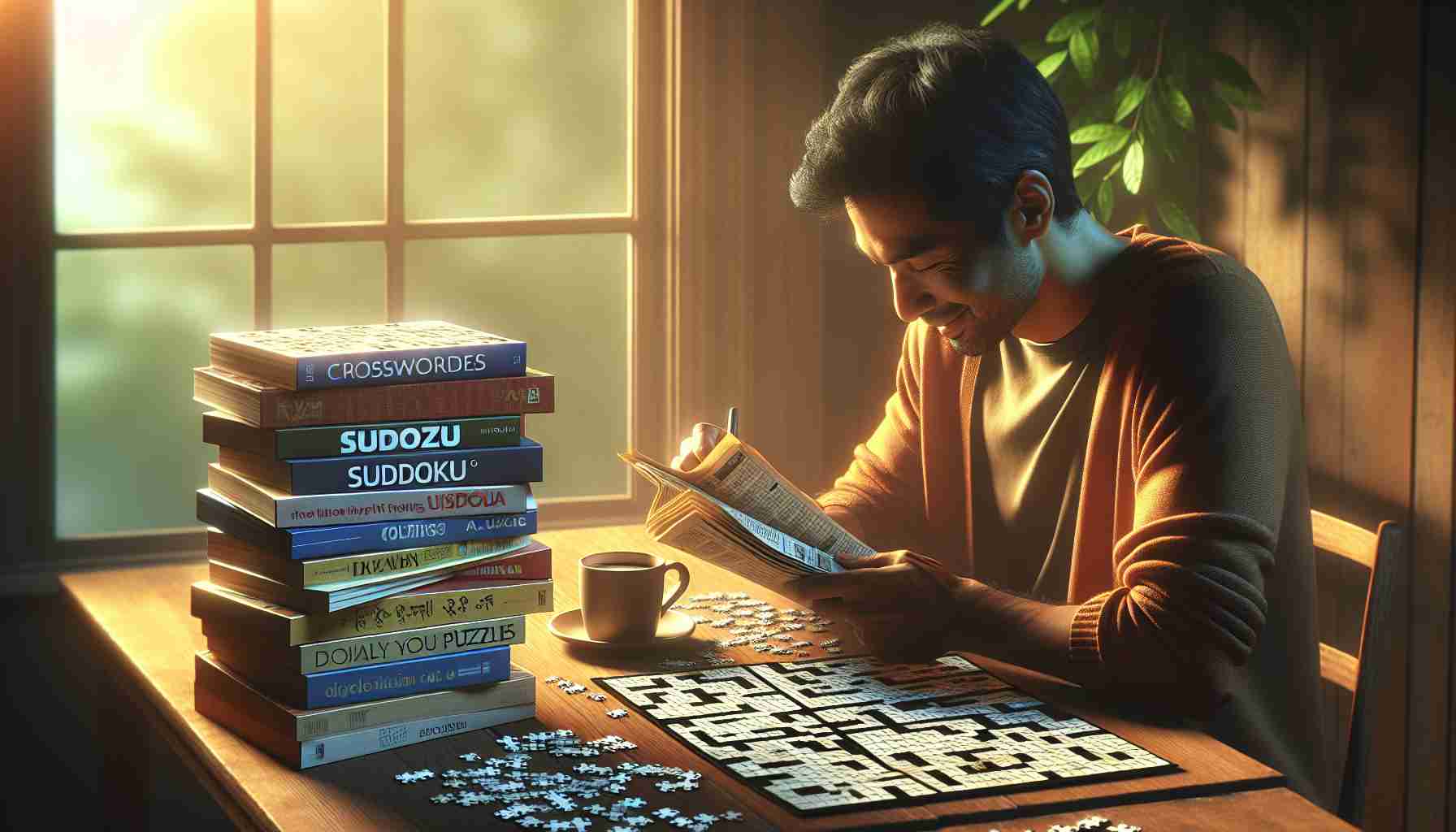 Create a high-definition, realistic image that represents the thrill of daily puzzles. Picture a stack of different types of puzzles, such as crosswords, sudoku, and jigsaw puzzles, on a wooden table, illuminated by soft, early morning light. Nearby, show a person of South Asian descent, either male or female, holding a coffee and clearly engrossed in solving a puzzle. Display the excitement in the individual's eyes and the focus on their face. Surroundings should feel comfortable and warm, with soft colours, to clearly emphasize the engaging challenge of the puzzles.