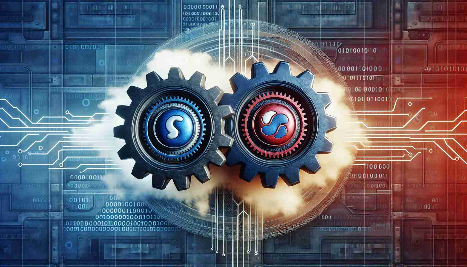 Imagine a realistic, high-definition depiction showing the abstract concept of two major technology corporations, known for their advancements in computing hardware, joining forces to enhance software compatibility. This could be portrayed through symbolic elements like two large gears, each labeled with a unique emblem that doesn't directly refer to any corporation. These gears are intertwined, implying mutual support and cooperation. Extra details, such as binary code in the background or a color combination of blue and red, may hint at the two entities' branded colors, without explicitly naming them.