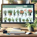 An image displaying the convenience of online plant shopping. The scene shows a diverse range of house plants such as Succulents, Ferns, Cacti, and Peace lilies displayed on a digital screen or desktop showing an ecommerce website layout. The website has intuitive and user-friendly elements, with clear categories, filters, informative product descriptions, price tags, and a shopping cart. Next to the computer, a credit card and a cup of coffee rest on the wooden table, indicating a relaxed and convenient shopping experience from home.