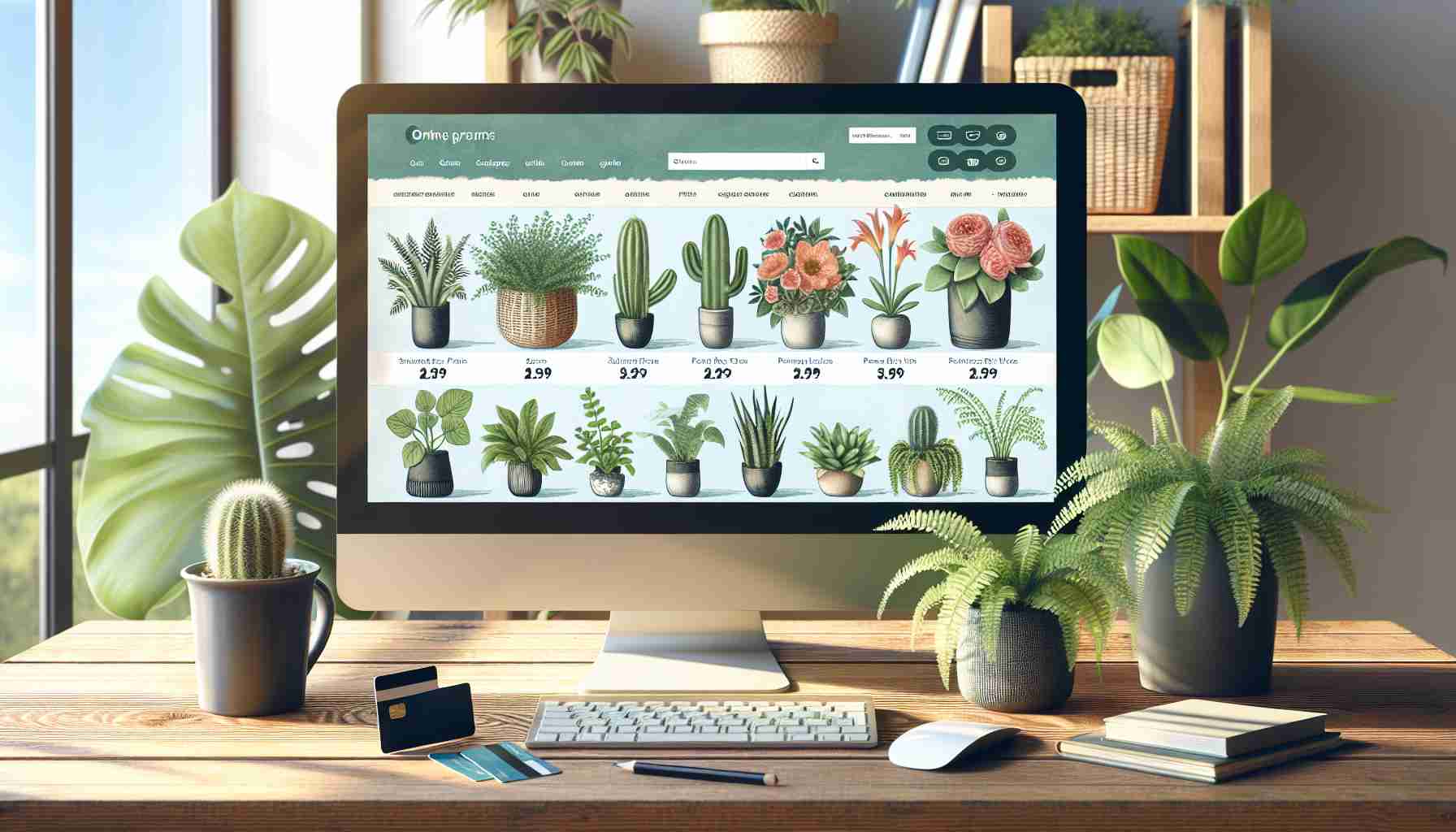 An image displaying the convenience of online plant shopping. The scene shows a diverse range of house plants such as Succulents, Ferns, Cacti, and Peace lilies displayed on a digital screen or desktop showing an ecommerce website layout. The website has intuitive and user-friendly elements, with clear categories, filters, informative product descriptions, price tags, and a shopping cart. Next to the computer, a credit card and a cup of coffee rest on the wooden table, indicating a relaxed and convenient shopping experience from home.