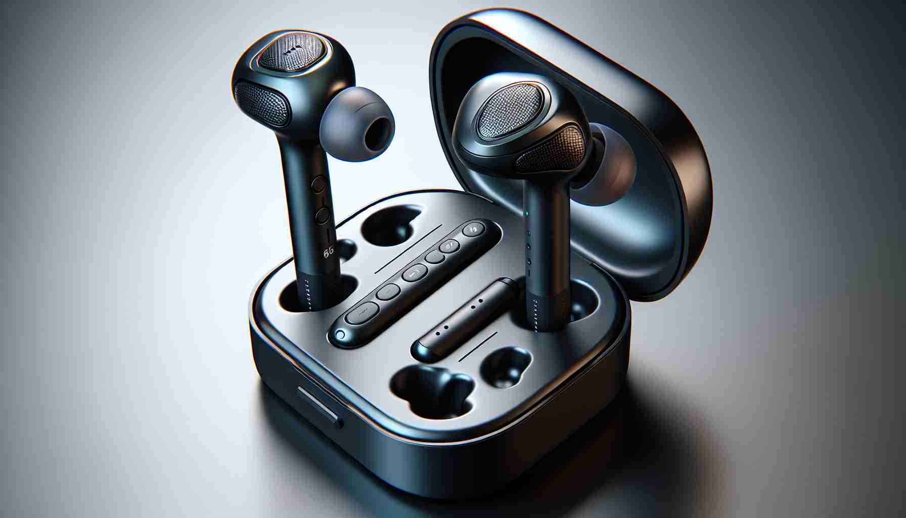 An ultra high definition, realistic illustration of innovative sports earbuds. The earbuds are designed with premium materials and present a sleek, modern design. They have a snug fit with silicone tips and a wireless stem protruding down. The earbuds are sweat-resistant and perfect for physical activities with built-in controls for adjusting volume and navigating through music. Make sure to include an easily visible case in the image that is compact, sturdy, and flips open to store the earbuds. It should also have status-indicating lights and an option for charging.