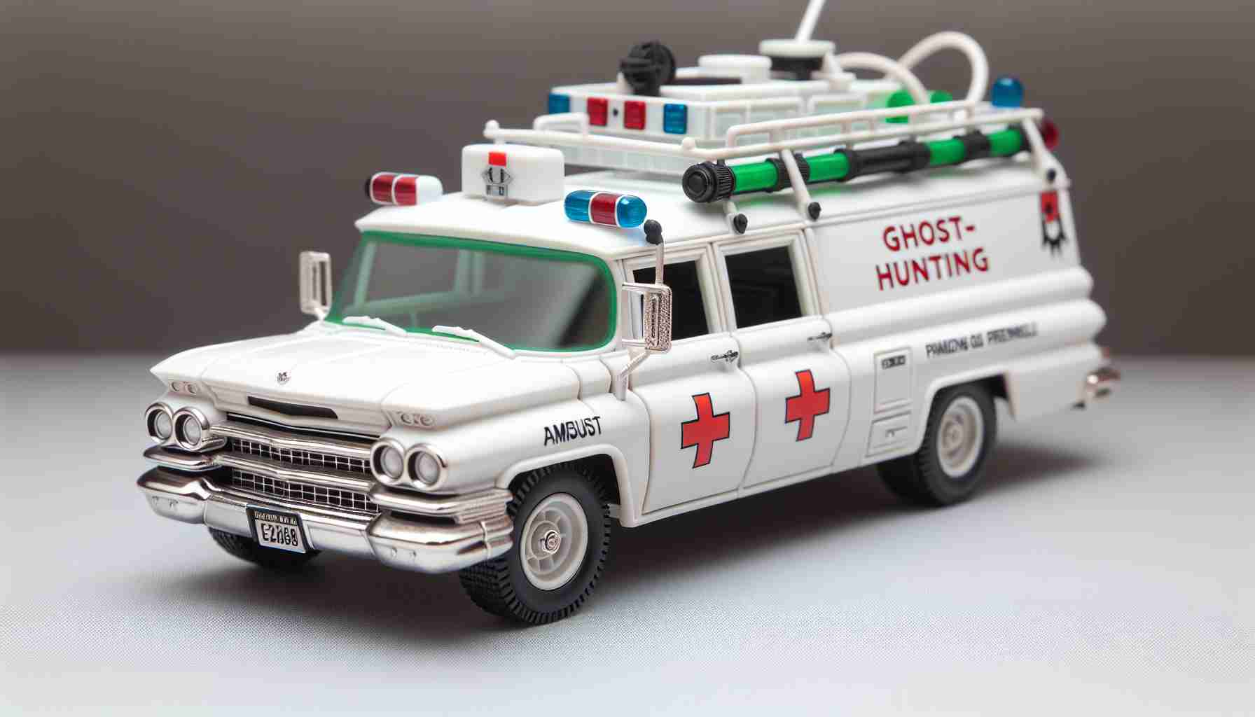 A realistic, high definition image of a newly revealed model of a ghost-hunting vehicle by a popular toy manufacturing company. The model represents a retrofitted ambulance, painted in white and adorned with various ghost-catching equipment. It doesn't bear any direct resemblance or any clear connections to known copyrighted characters, logos, or emblems.