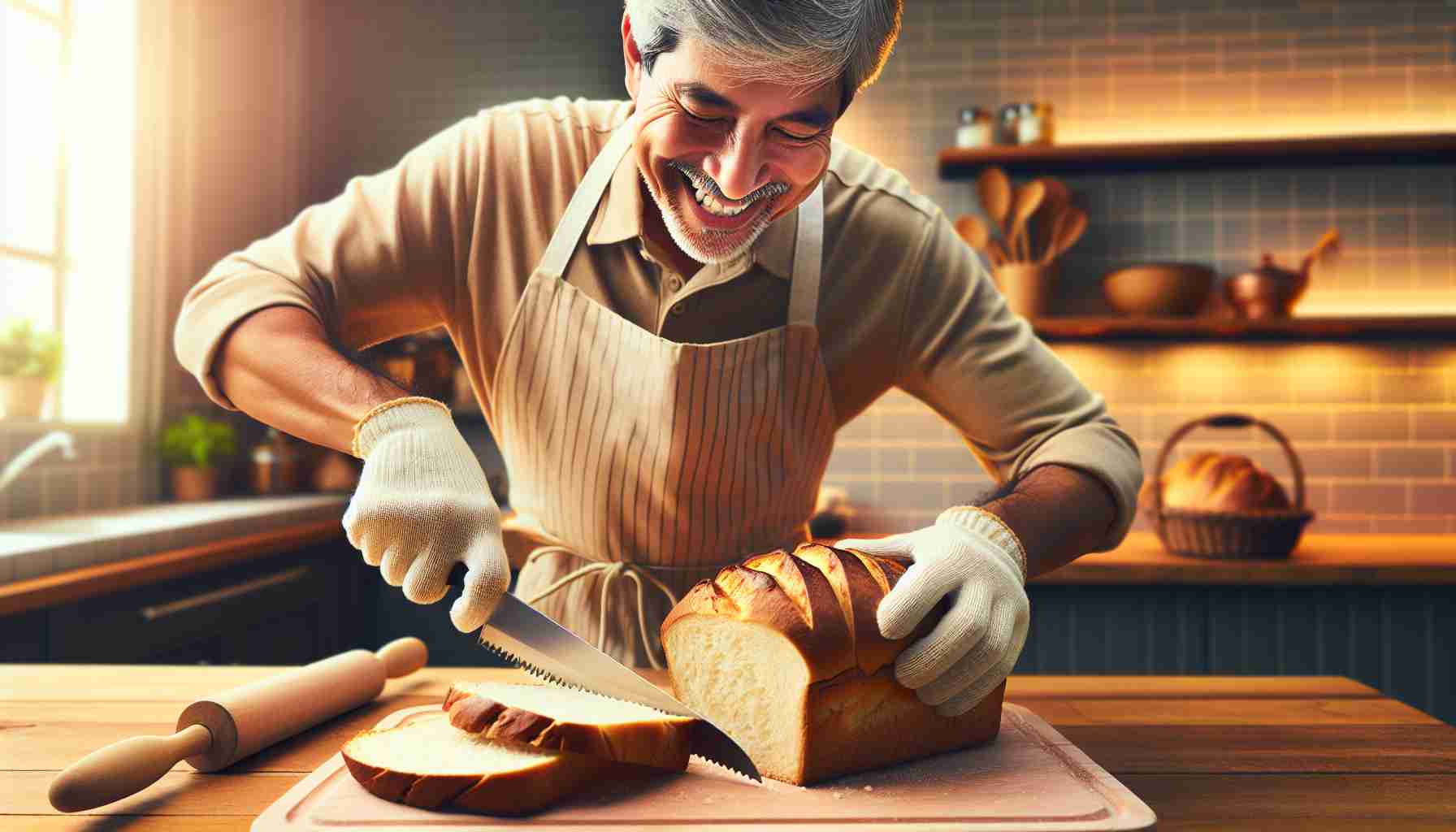 Create a high-definition, realistic image of a home setting where a loaf of freshly baked bread is being effortlessly sliced. The background could include a warm and cozy kitchen environment with countertops holding other baking essentials. The bread, with a golden-brown crust and steaming soft inside, is being sliced smoothly with a serrated knife, creating even slices. The person doing the preparation can be a middle-aged South Asian man wearing a casual kitchen apron and gloves, with a grin on his face, showing satisfaction and joy in the process.