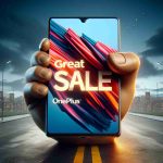 Realistic, high-definition image of an advertisement for a great sale on OnePlus Open, portrayed as a strong competitor in the foldable technology market.