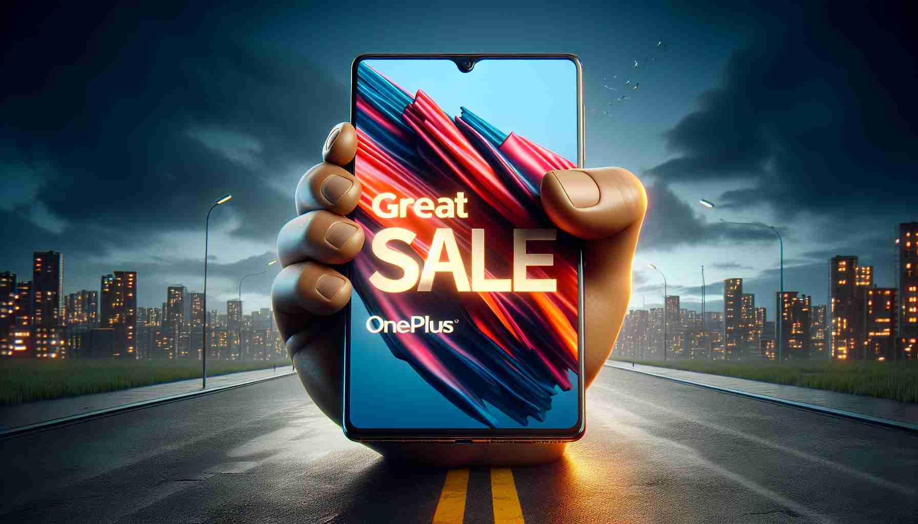 Realistic, high-definition image of an advertisement for a great sale on OnePlus Open, portrayed as a strong competitor in the foldable technology market.