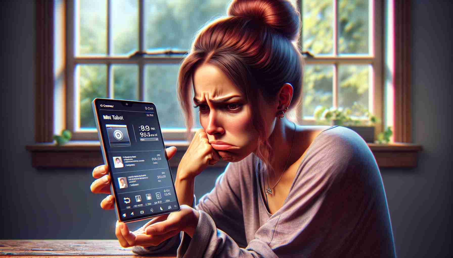 An ultra-high-definition, realistic image depicting disappointment in the new capabilities of a generic small tablet. The scene should convey deep frustrations with the gadget. Elements could include an individual holding the mini tablet in their hands with a disgruntled expression, or the gadget's screen displaying software that's operating slower than expected. The individual should be a Middle-Eastern female hair tied back in a bun. A window in the background lets in natural light, illuminating the scene. The colors are real and vibrant, contrasting with the mood of disappointment.