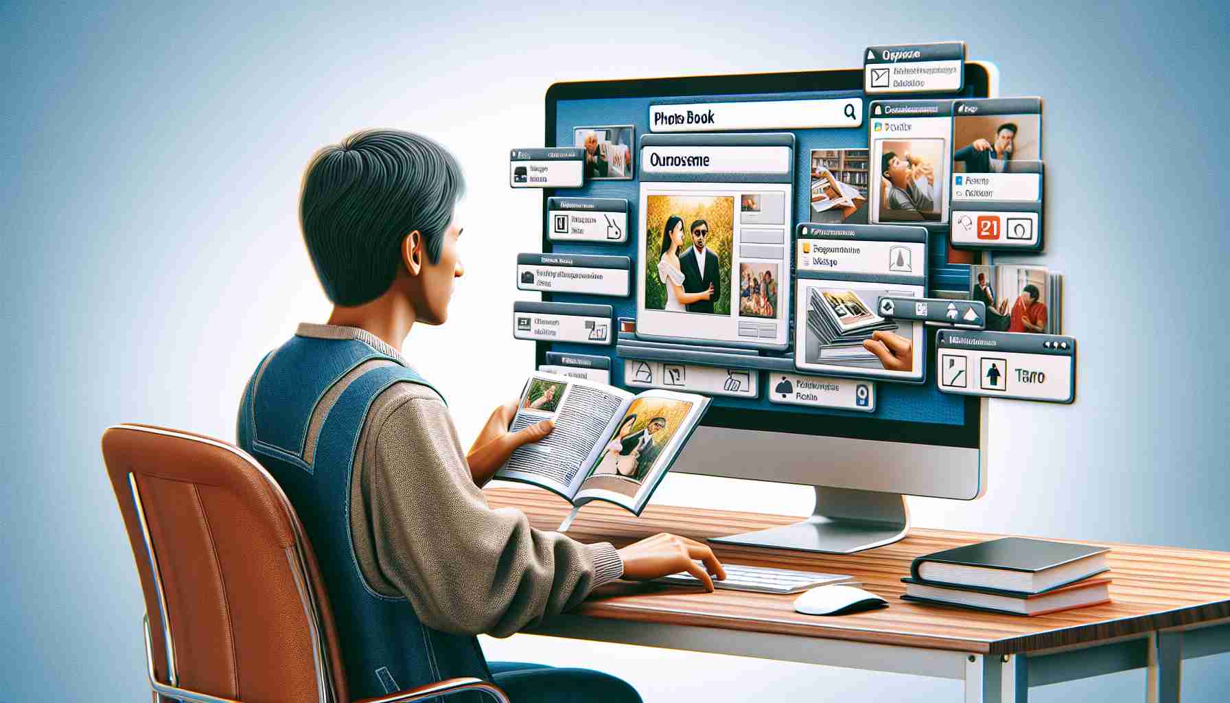 A realistic high-definition photo depicting a situation where a person is choosing the right service for their photo book needs. The scene should include an individual of South Asian descent sitting in front of a computer. The computer screen should display multiple tabs open, showing different photo book services. The person should be holding a printed photo in one hand while scrolling through the options with the other.