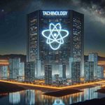 Realistic high-definition image of a conceptual representation showing technology companies adopting nuclear energy for their massive artificial intelligence energy requirements. Picture this as a large, logo-rich skyscraper illuminated by an atomic symbol, signifying nuclear power. The landscape should be of a futuristic city, with stars twinkling in the night sky and the city lights reflecting in a nearby body of water.