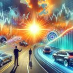 Generate a realistic, high-definition image displaying the concept of a successful Initial Public Offering (IPO) in an evolving market landscape. Specifically, centre the artwork around the theme of an autonomous driving company. The scene should feature symbolic elements such as stock charts showing upward trends, a vibrant sun indicating a bright future, autonomous vehicles navigating dynamically changing terrains and mixed race individuals expressing hope and excitement.