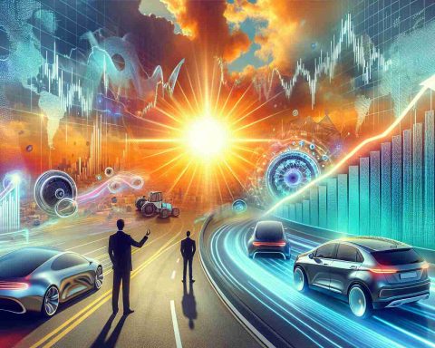 Generate a realistic, high-definition image displaying the concept of a successful Initial Public Offering (IPO) in an evolving market landscape. Specifically, centre the artwork around the theme of an autonomous driving company. The scene should feature symbolic elements such as stock charts showing upward trends, a vibrant sun indicating a bright future, autonomous vehicles navigating dynamically changing terrains and mixed race individuals expressing hope and excitement.