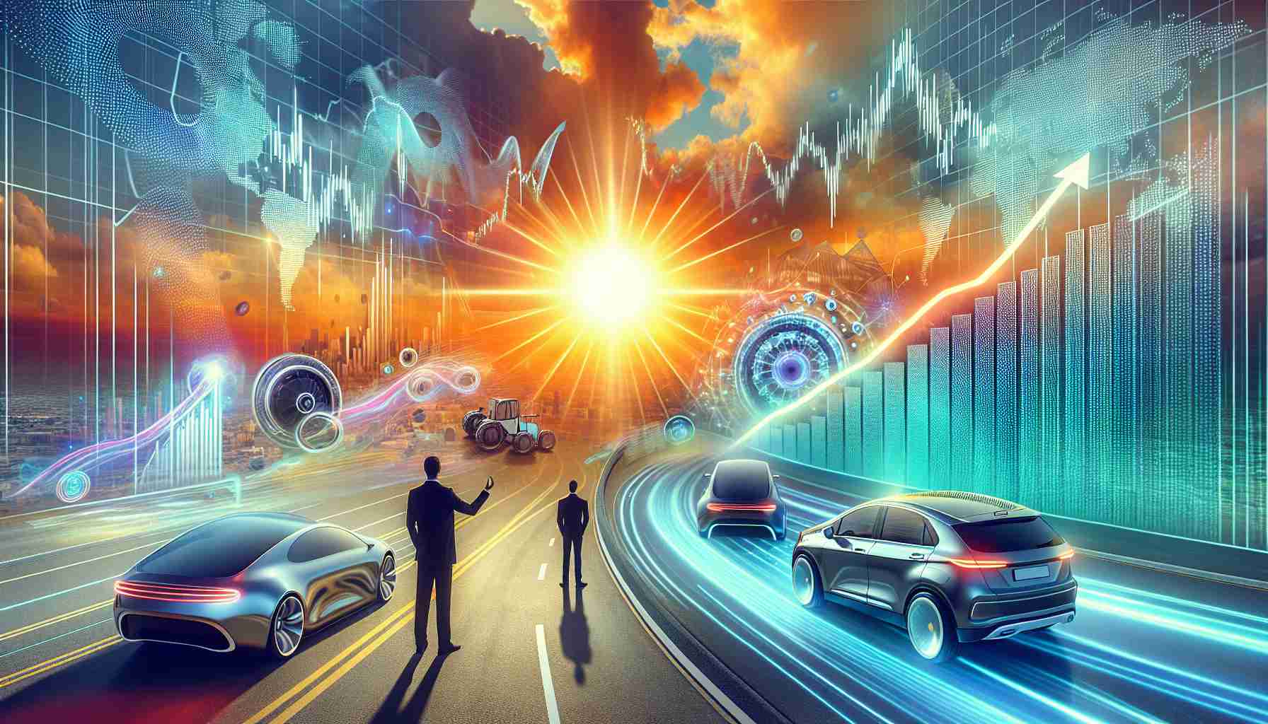 Generate a realistic, high-definition image displaying the concept of a successful Initial Public Offering (IPO) in an evolving market landscape. Specifically, centre the artwork around the theme of an autonomous driving company. The scene should feature symbolic elements such as stock charts showing upward trends, a vibrant sun indicating a bright future, autonomous vehicles navigating dynamically changing terrains and mixed race individuals expressing hope and excitement.