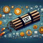 Generate a realistic high definition image illustrating the concept of a new threat revival, demonstrated through the metaphor of a classic TNT dynamite stick, which represents a harmful strategy in the digital environment, including cryptojacking symbolism such as blockchain icons, cryptocurrency coins, and computer networks.